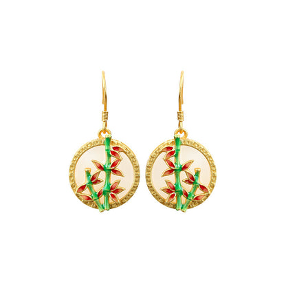 925 Silver Needle Enamel Bamboo Peace Ear Hook Earrings for Women