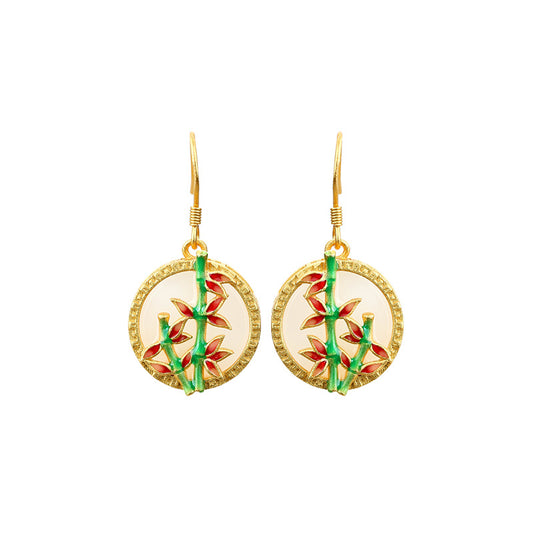 925 Silver Needle Enamel Bamboo Peace Ear Hook Earrings for Women
