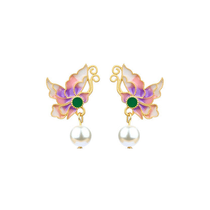 Enamel Butterfly Imitation Pearl Filament Inlaid Earrings for Hanfu & Cheongsam
