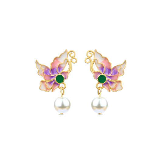 Enamel Butterfly Imitation Pearl Filament Inlaid Earrings for Hanfu & Cheongsam