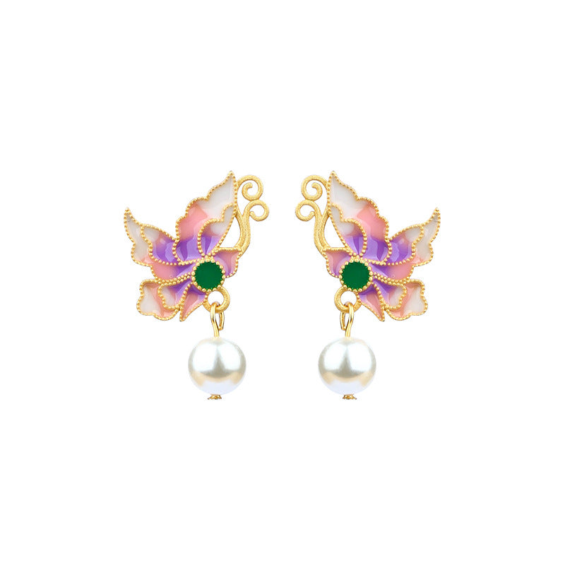 Enamel Butterfly Imitation Pearl Filament Inlaid Earrings for Hanfu & Cheongsam