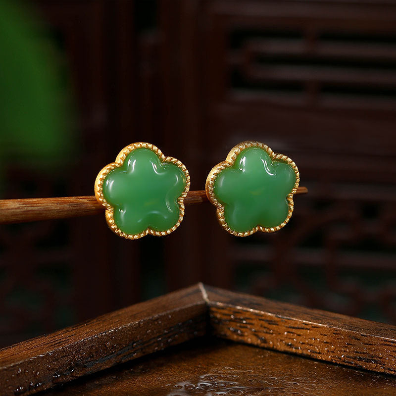 925 Silver Needle Imitation Jade Plum Blossom Earrings