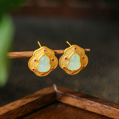S925 Sterling Silver Gold Plated Imitation Hetian Jade Fulu Gourd Earrings for Women