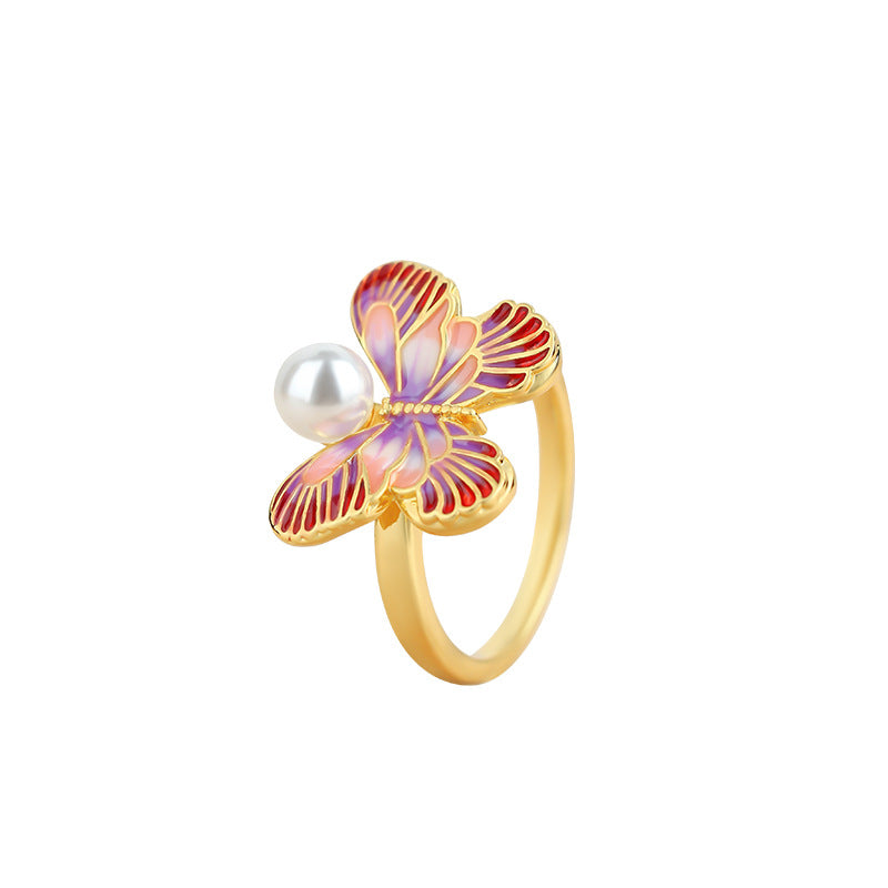 Enamel Oil Drop Pink Butterfly Shape Adjustable Pearl Ring