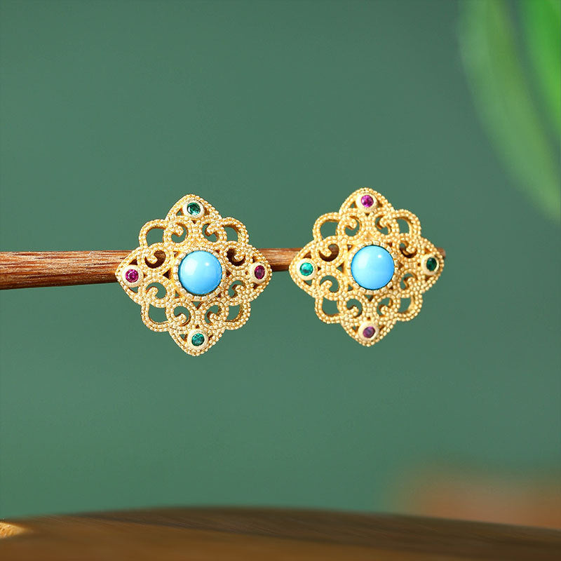 Gold Plated Hollow Filament Inlay Turquoise Earrings