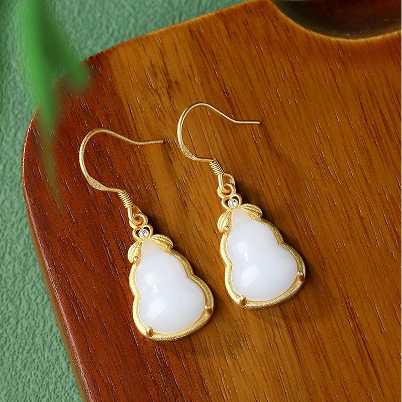 S925 Silver Needle Gold Plated Imitation White Jade Gourd Earrings