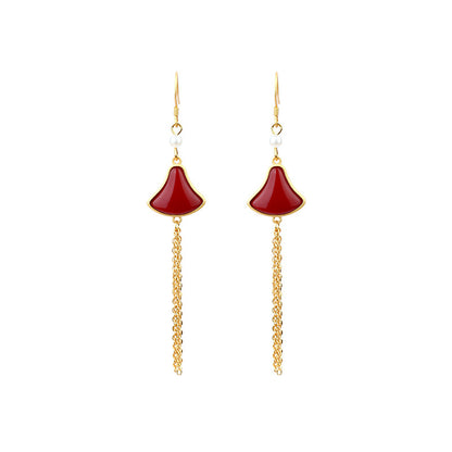 Elliary Niche Long Modified Face-shaped Fan-shaped Skirt Imitation South Ruby Tassel Earrings