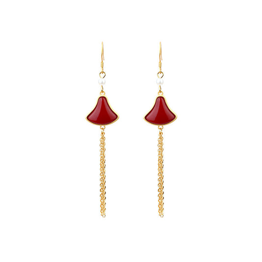 Elliary Niche Long Modified Face-shaped Fan-shaped Skirt Imitation South Ruby Tassel Earrings