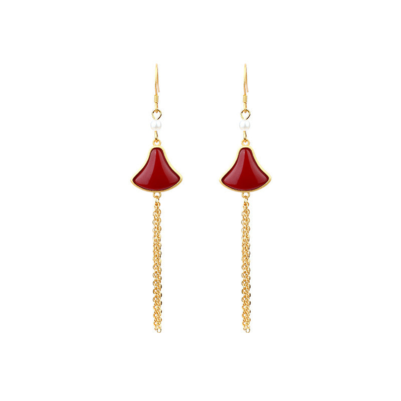 Elliary Niche Long Modified Face-shaped Fan-shaped Skirt Imitation South Ruby Tassel Earrings