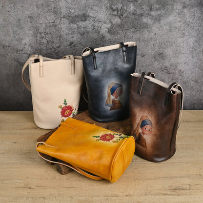 2025 Hand-Polished First Layer Cowhide Shoulder Bucket Bag, Lazy Literary Retro Print