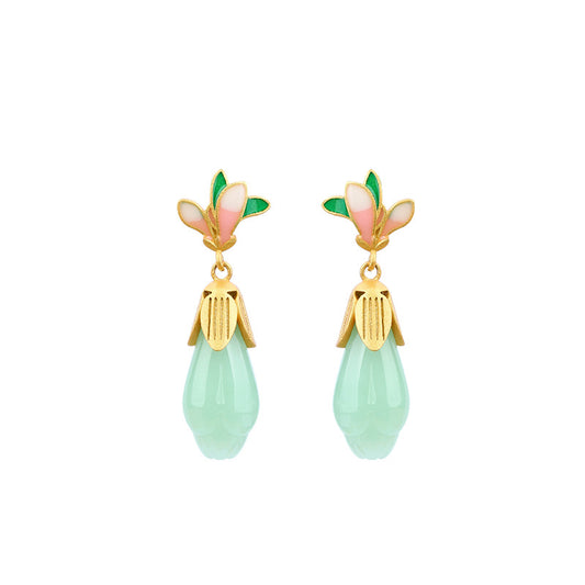 925 Silver Needle Magnolia Imitation Hetian Jade Antique Earrings for Women
