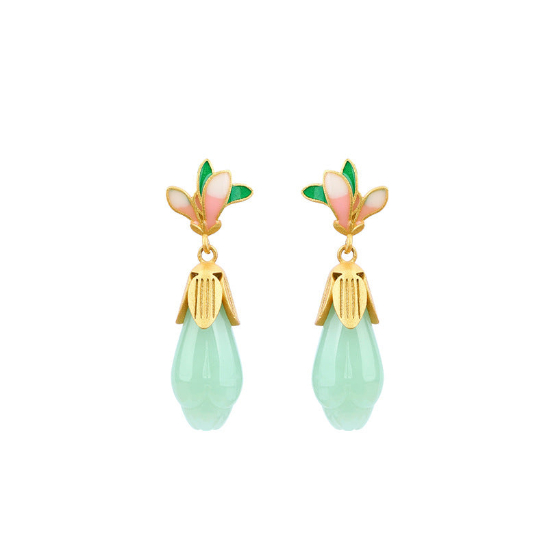925 Silver Needle Magnolia Imitation Hetian Jade Antique Earrings for Women