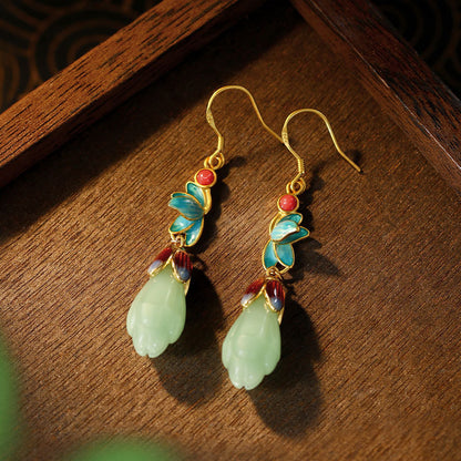Enamel 925 Tremella Needle Magnolia Imitation Hetian Jade Earrings with Mirror Design