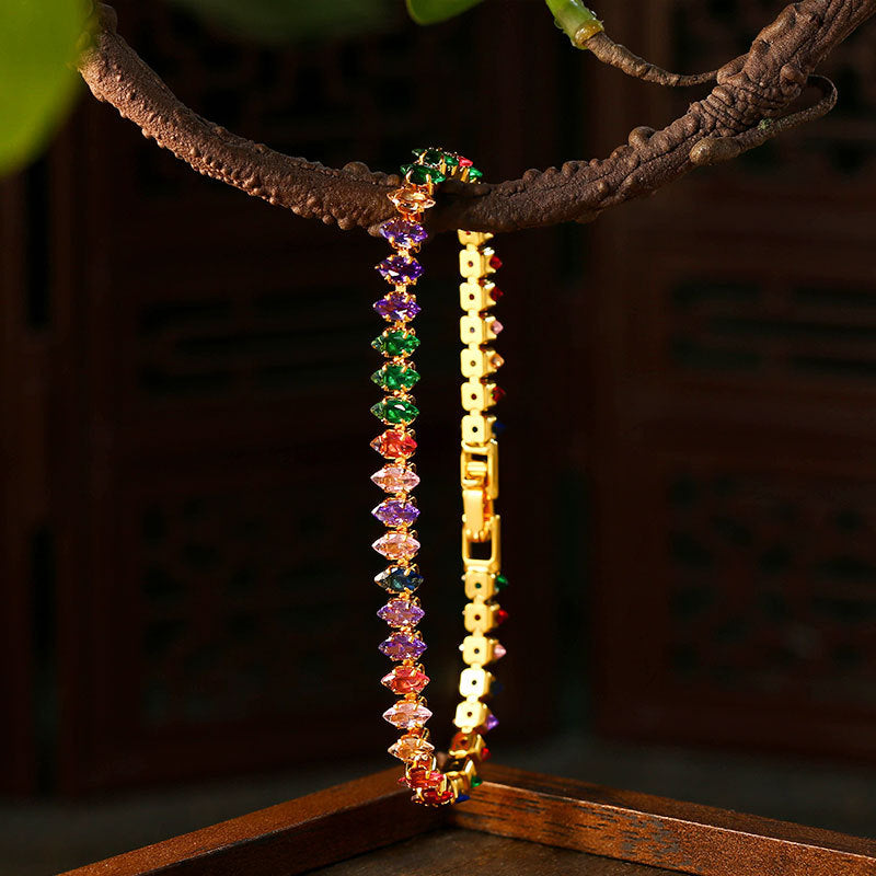 European American Tennis Bracelet Necklace, Real Gold Plated, Color Zircon Chain, Women's Summer Jewelry