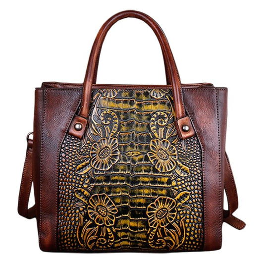 Women's Retro Fashion Embossed Vegetable Tanned Leather Portable Diagonal Bucket Bag