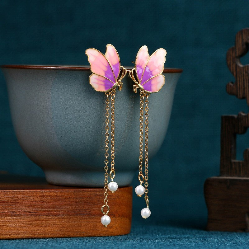 Enamel Gradient Butterfly 925 Silver Needle Pearl Earrings, Ancient Style Design