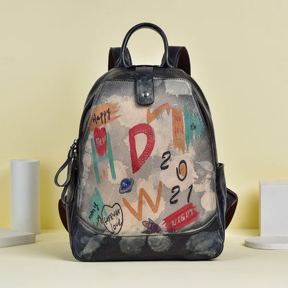 Retro Cowhide Women's Large Capacity Backpack, Graffiti Fashion All-match