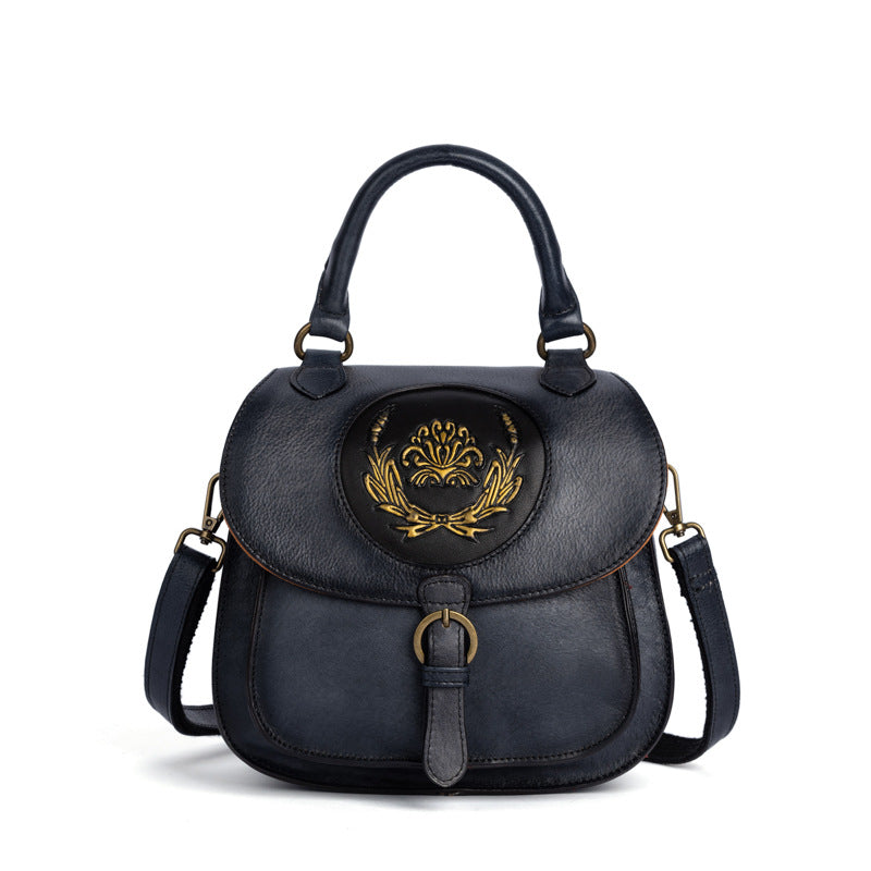 Vintage Cowhide Women's Multi-purpose Vegetable Tanned Leather Hand Backpack with Embossed Design