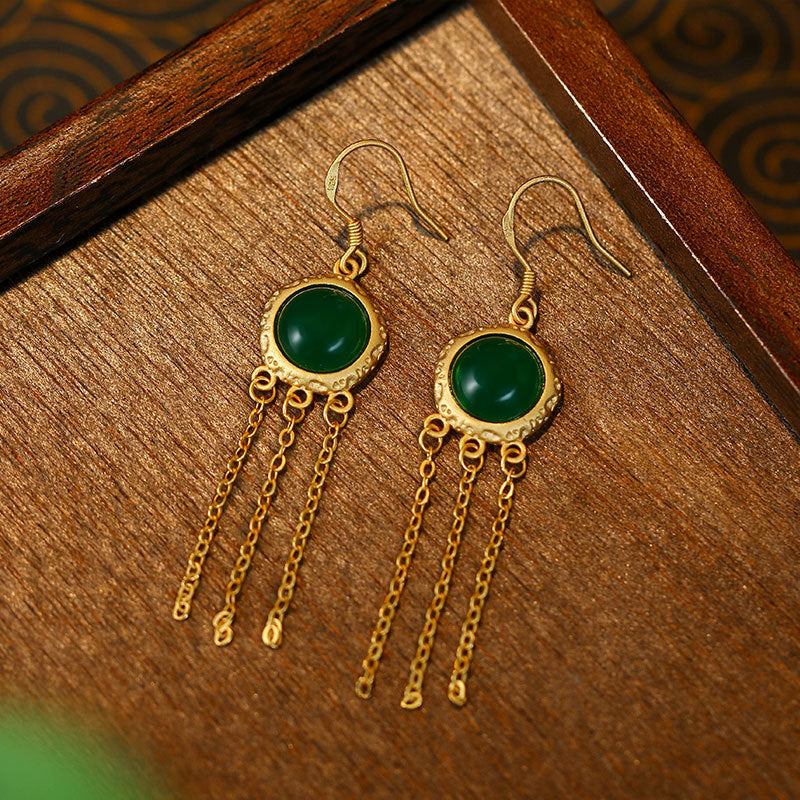 Artificial Imitation Hetian Jade Ping An Buckle Tassel Earrings