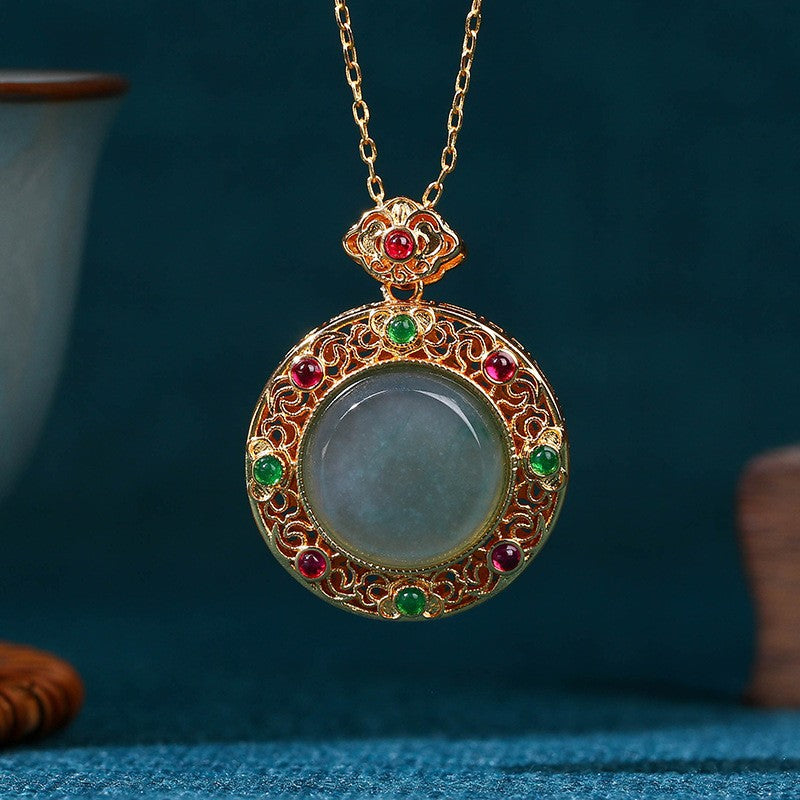 Real Gold Plated, Micro-inlaid Colored Diamond Imitation Hetian Jade Pendant Necklace for Men and Women