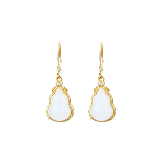 S925 Silver Needle Gold Plated Imitation White Jade Gourd Earrings
