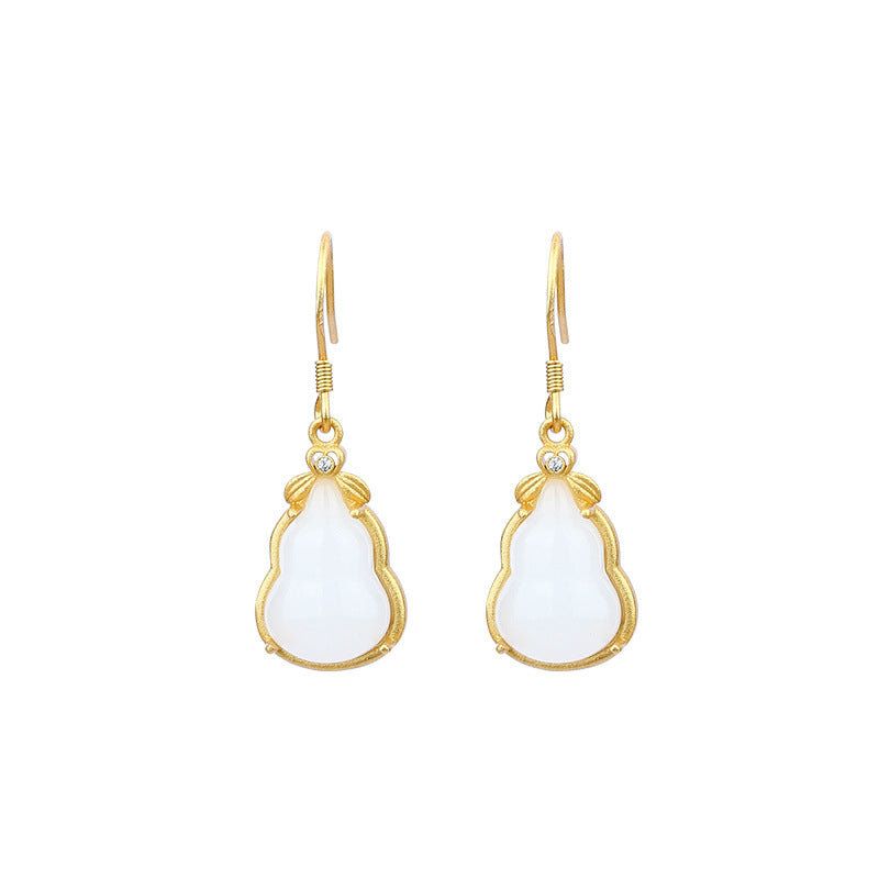 S925 Silver Needle Gold Plated Imitation White Jade Gourd Earrings