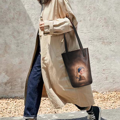 2025 Hand-Polished First Layer Cowhide Shoulder Bucket Bag, Lazy Literary Retro Print