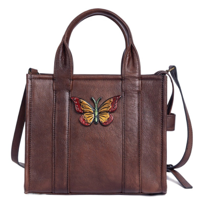 Top layer cowhide multi-purpose retro embossed hand-brushed vegetable tanned leather shoulder bag