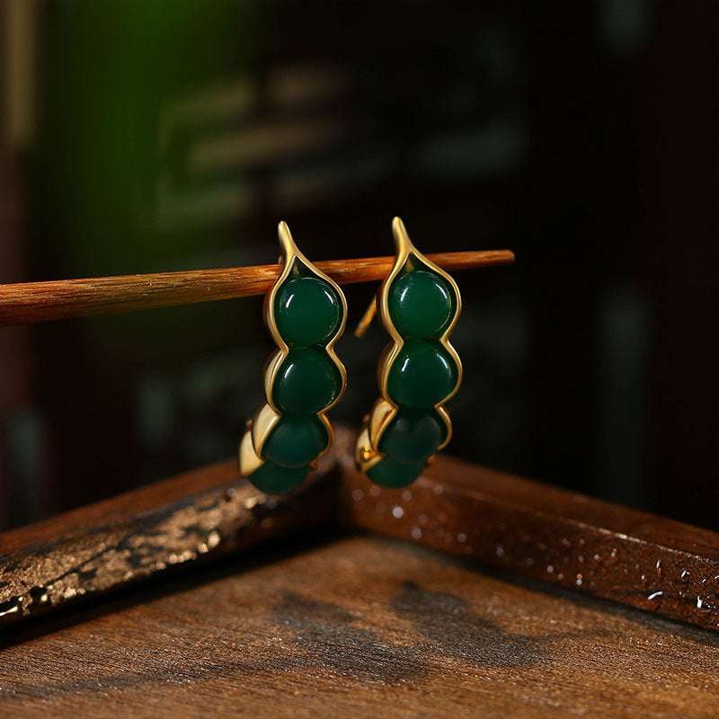 925 Silver Needle Gold Plated Natural Green Chalcedony Earrings