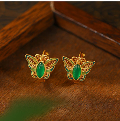 Ear Buckle Enamel Cloisonne Butterfly Earrings, Court Style Retro Ear Hook for Women
