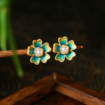 925 Silver Needle Gold Plated Glaze Camellia Pearl Earrings - Niche, High-end & All-match