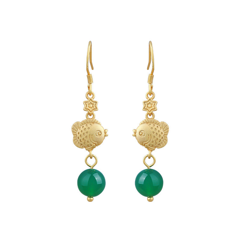 Retro Ethnic Style Fish Elegant Green Chalcedony Round Bead Jewelry Tassel Long Earrings