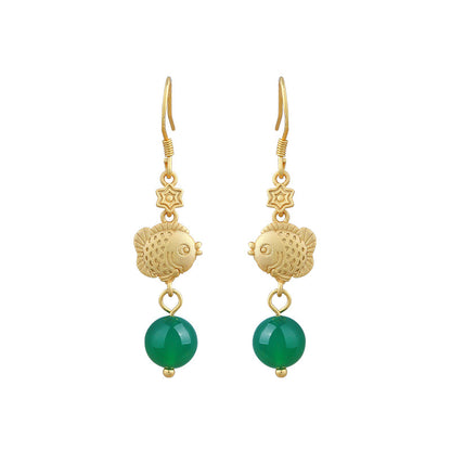 Retro Ethnic Style Fish Elegant Green Chalcedony Round Bead Jewelry Tassel Long Earrings