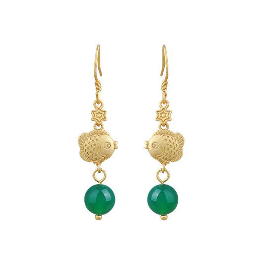 Retro Ethnic Style Fish Elegant Green Chalcedony Round Bead Jewelry Tassel Long Earrings
