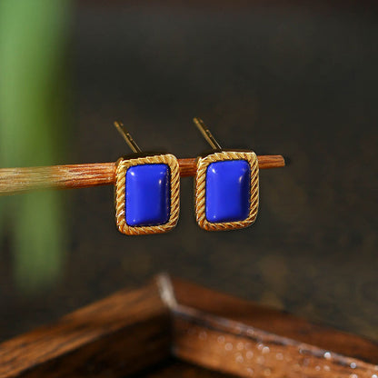 Ayeryuan S925 Silver Gold-plated Lapis Lazuli Square Niche Earrings
