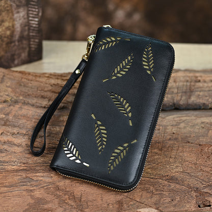 Leather Wallet with Laser Hollow Leaf Metal Design, Handmade