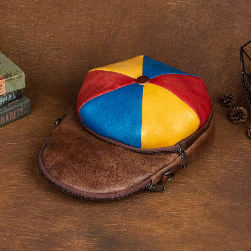 Retro Cowhide Large Capacity Backpack, Hat-Shaped and Fashion All-Match