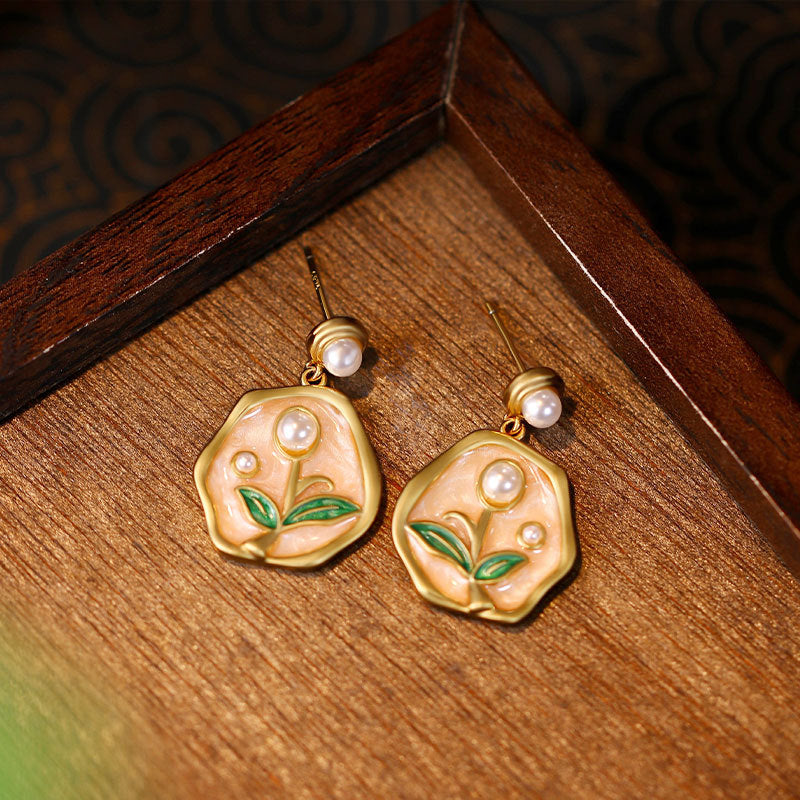 Fresh and Sweet Enamel Oil Painting Tulip Pearl Earrings