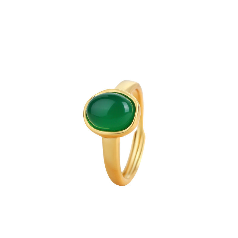 Gold Plated Retro Oval Geometric Emerald Inlay Opening Ring
