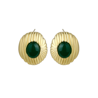 18k Gold Plated Silver Needle Round Imitation Green Agate Oval Pendant Earrings Studs, Original Design, High Sense