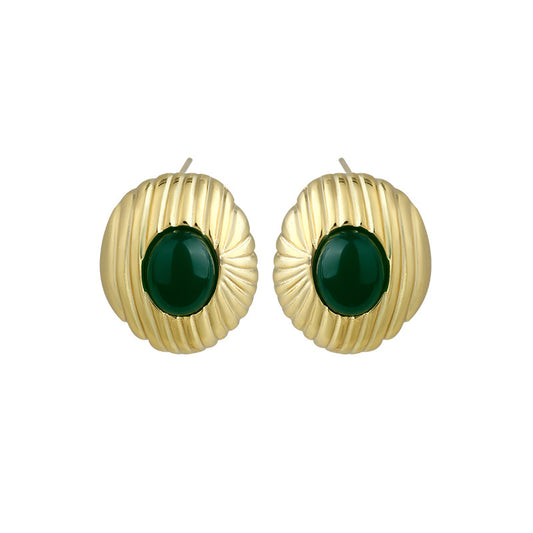 18k Gold Plated Silver Needle Round Imitation Green Agate Oval Pendant Earrings Studs, Original Design, High Sense