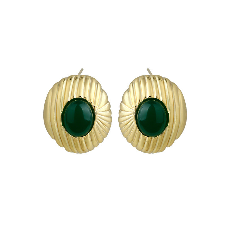 18k Gold Plated Silver Needle Round Imitation Green Agate Oval Pendant Earrings Studs, Original Design, High Sense