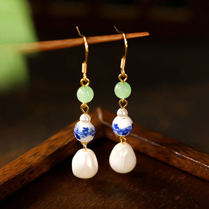 Baroque Alien Imitation Pearl Silver Enamel Gradient Earrings, Niche Design, High-grade Blue and White Porcelain for Women