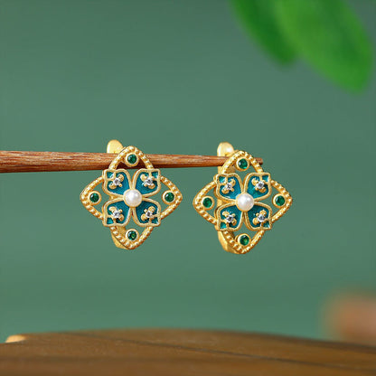 Cold Enamel Imitation Pearl Four-leaf Clover Flower Stud Earrings 925 Silver Needle