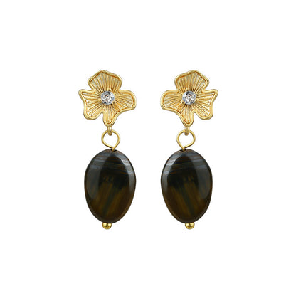 Vintage Tiger Eye Ginkgo Leaf Earrings, All-match and High-end