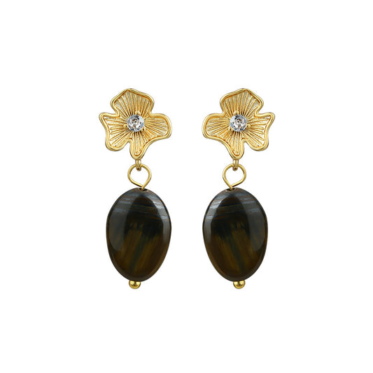 Vintage Tiger Eye Ginkgo Leaf Earrings, All-match and High-end