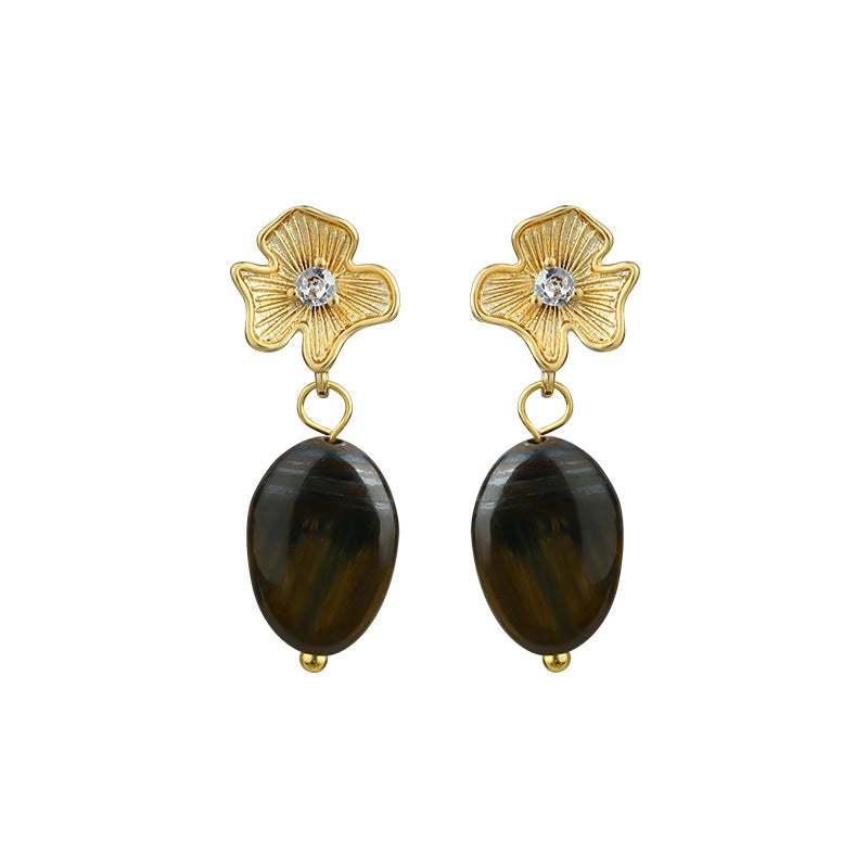 Vintage Tiger Eye Ginkgo Leaf Earrings, All-match and High-end