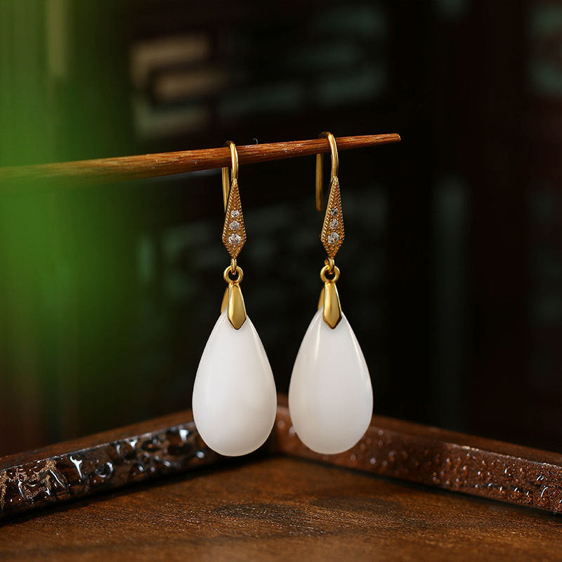 Imitation White Jade Water Drop Earrings for Women - Simple and High Sense