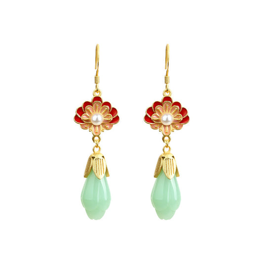Aieryuan 925 Silver Lotus Earrings with Enamel Imitation Jade