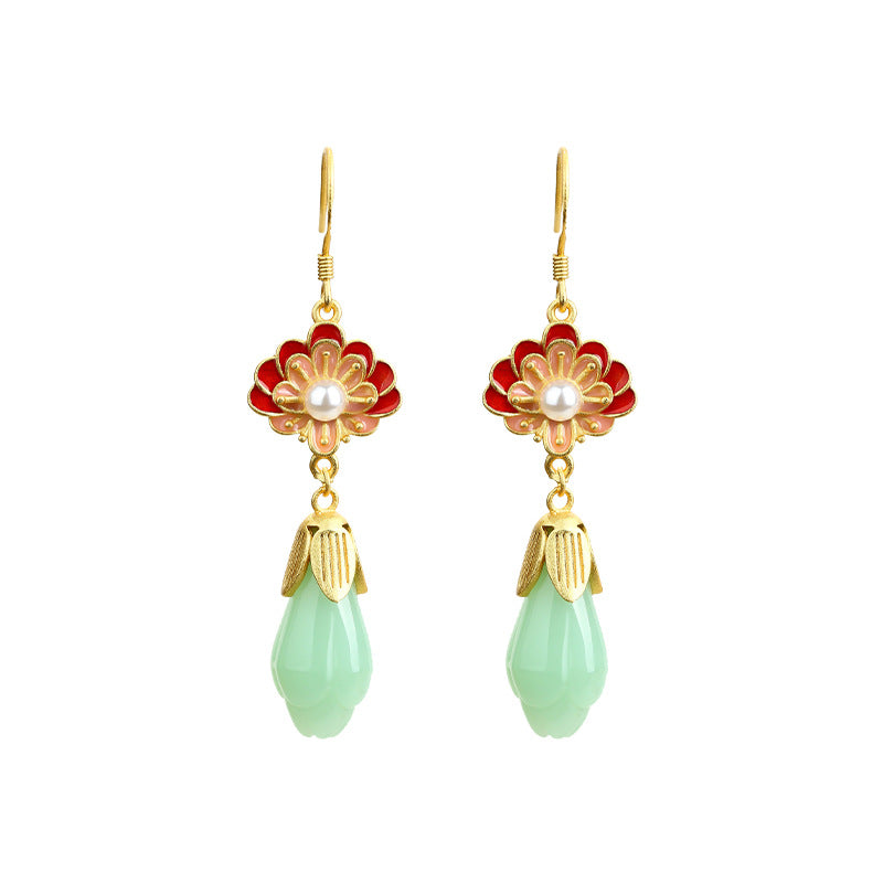 Aieryuan 925 Silver Lotus Earrings with Enamel Imitation Jade